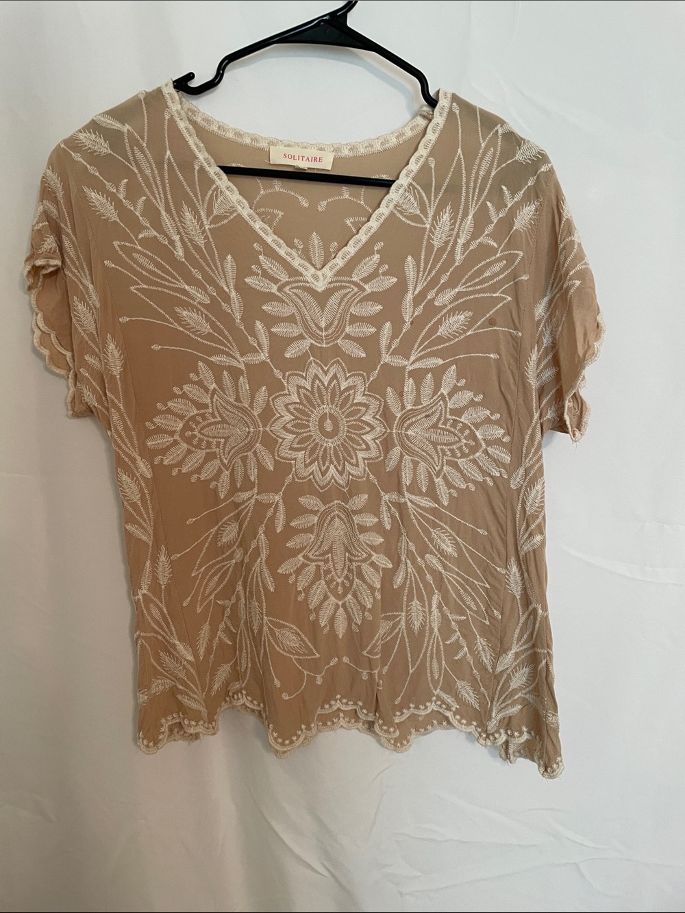 Solitaire Beige Blouse with White Floral Embroidery